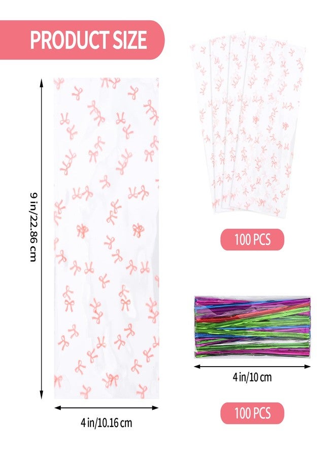 Docvania Cello Cellophane Treat Gift Bags Pink bow Cookie Bags 100 pcs 4 X 9 Goodie Bag with Ties for Mother's Day, Valentine's Day and Parties, Weddings - Image 2